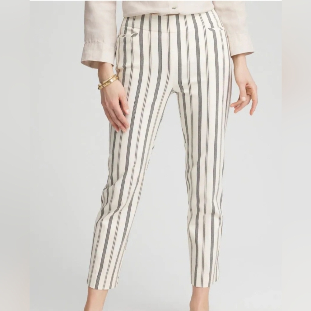 Chico's Brigitte Slub Ivory Gray Stripe Cropped Pants M